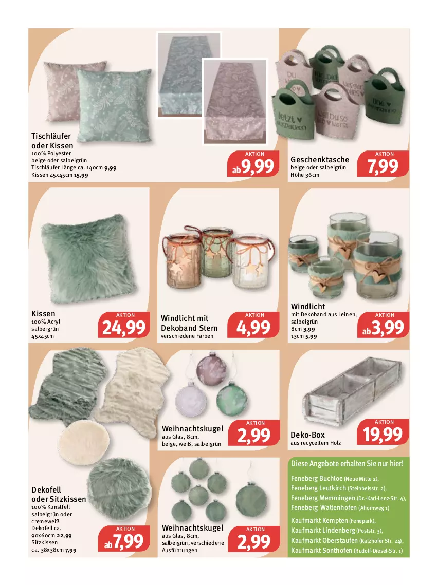 Aktueller Prospekt Feneberg - Prospekte - von 24.11 bis 26.11.2022 - strona 17 - produkty: angebot, angebote, buch, chloe, creme, Diesel, eis, emmi, Geschenktasche, Holz, kissen, Kugel, Läufer, leine, Ofen, sitzkissen, Tasche, Ti, tisch, tischläufer, windlicht