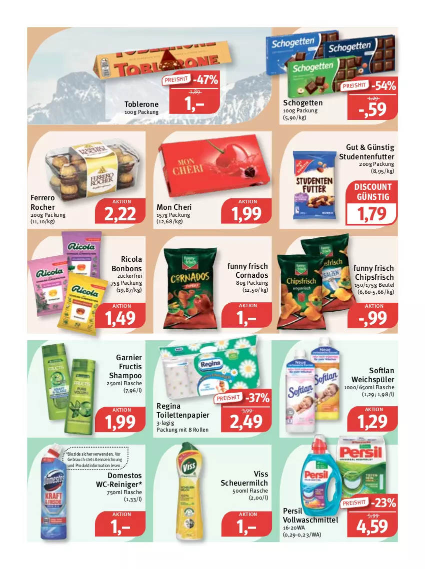 Aktueller Prospekt Feneberg - Prospekte - von 24.11 bis 26.11.2022 - strona 9 - produkty: beutel, bio, bonbons, chips, chipsfrisch, cola, discount, domestos, eis, ente, ferrero, Ferrero Rocher, flasche, fructis, Funny Frisch, garnier, gin, Heu, milch, papier, persil, Rauch, reiniger, reis, Ricola, rwe, scheuermilch, schogetten, shampoo, Softlan, studentenfutter, Ti, toblerone, toilettenpapier, vollwaschmittel, waschmittel, wc-reiniger, weichspüler, zucker