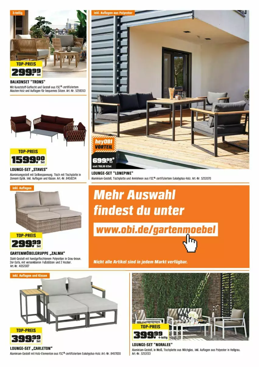 Aktueller Prospekt Obi - Prospekte - von 04.06 bis 30.06.2023 - strona 13 - produkty: aluminiumgestell, Balkonset, braun, eis, ente, Garten, gartenmöbel, hocker, Holz, HP, kissen, latte, LG, lounge-set, milch, möbel, reis, Sofa, Ti, tisch, tischplatte, top-preis, Zement