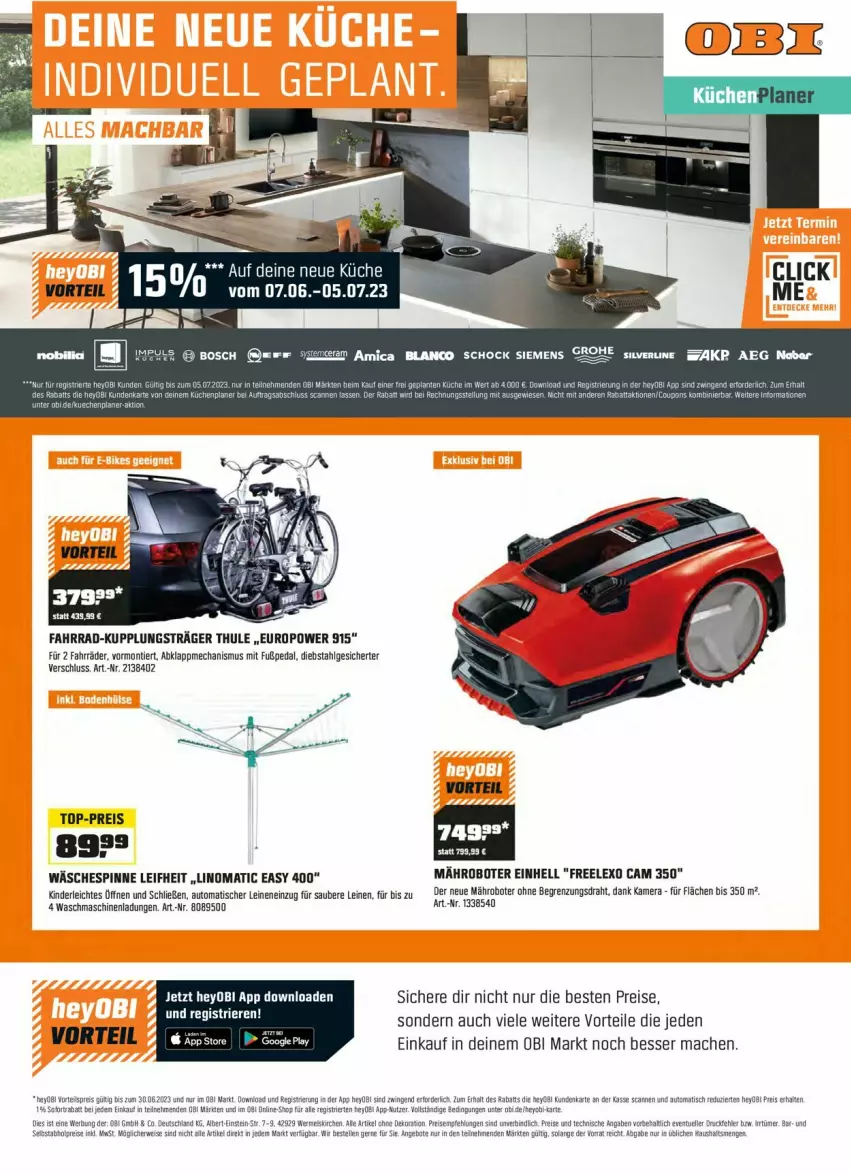 Aktueller Prospekt Obi - Prospekte - von 04.06 bis 30.06.2023 - strona 14 - produkty: angebot, angebote, auto, dekoration, Draht, einhell, eis, elle, Fahrrad, kamera, Kinder, leifheit, leine, LG, mac, mähroboter, reis, rwe, sofortrabatt, Thule, Ti, tisch, top-preis, wäschespinne, waschmaschine, waschmaschinen, Yo