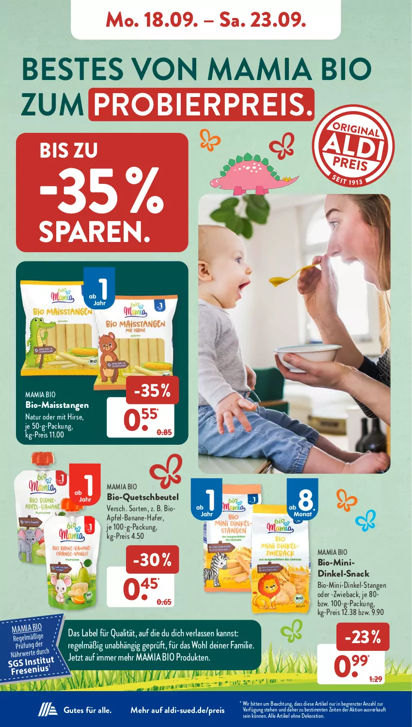 Aktueller Prospekt AldiSud - NÄCHSTE WOCHE - von 18.09 bis 23.09.2023 - strona 12 - produkty: aldi, alle artikel ohne dekoration, apfel, banane, beutel, bier, bio, dekoration, eis, hafer, mais, mam, natur, quetschbeutel, reis, snack, Ti, ZTE