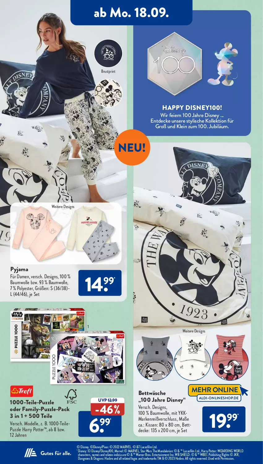 Aktueller Prospekt AldiSud - NÄCHSTE WOCHE - von 18.09 bis 23.09.2023 - strona 16 - produkty: aldi, Bau, baumwolle, bett, bettwäsche, decke, dell, disney, eier, elle, ente, Hasbro, kissen, Mode, Puzzle, Pyjama, rel, Ria, Ti, wolle