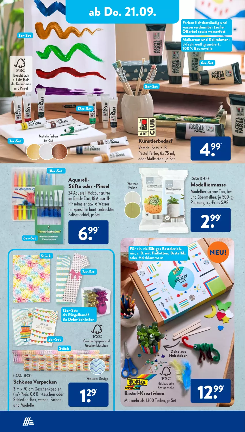 Aktueller Prospekt AldiSud - NÄCHSTE WOCHE - von 18.09 bis 23.09.2023 - strona 26 - produkty: aqua, Bau, baumwolle, buntstifte, casa deco, dell, eis, elle, Geschenkpapier, Geschenktasche, Holz, Klammern, lamm, mit pailletten, Mode, pailletten, papier, Pinsel, reis, rel, ring, stifte, Tasche, taschen, Ti, wasser, wassertank, wolle