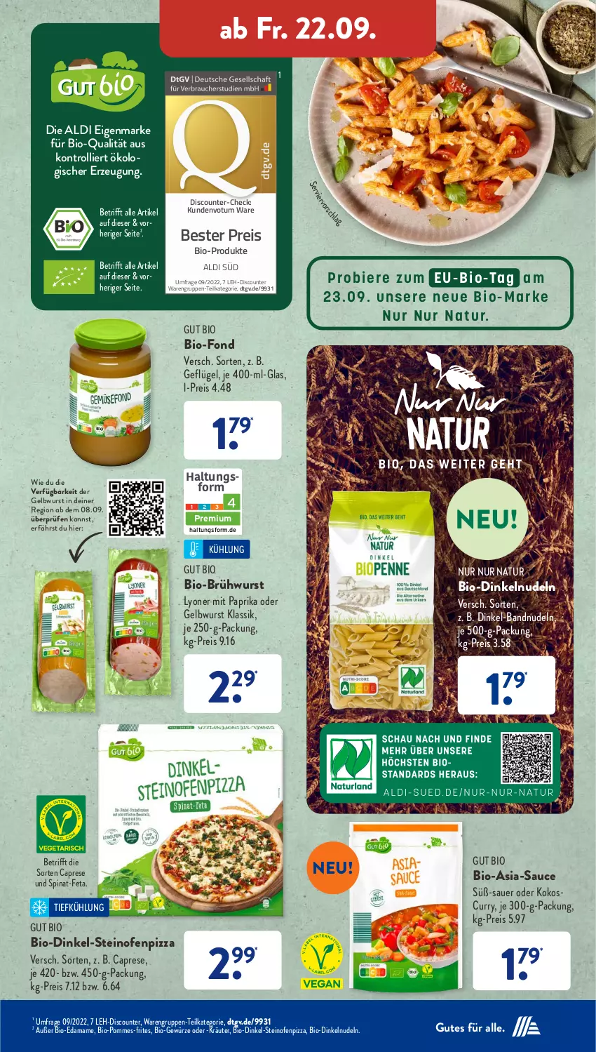 Aktueller Prospekt AldiSud - NÄCHSTE WOCHE - von 18.09 bis 23.09.2023 - strona 37 - produkty: aldi, auer, bio, Brühwurst, Cap, curry, discount, eis, feta, Geflügel, gewürz, je 250-g-packung, kokos, kräuter, lyoner, mam, mit paprika, natur, nudel, nudeln, Ofen, paprika, pizza, pommes, pommes-frites, reis, sauce, spinat, steinofen, Ti, trolli, wurst, Yo