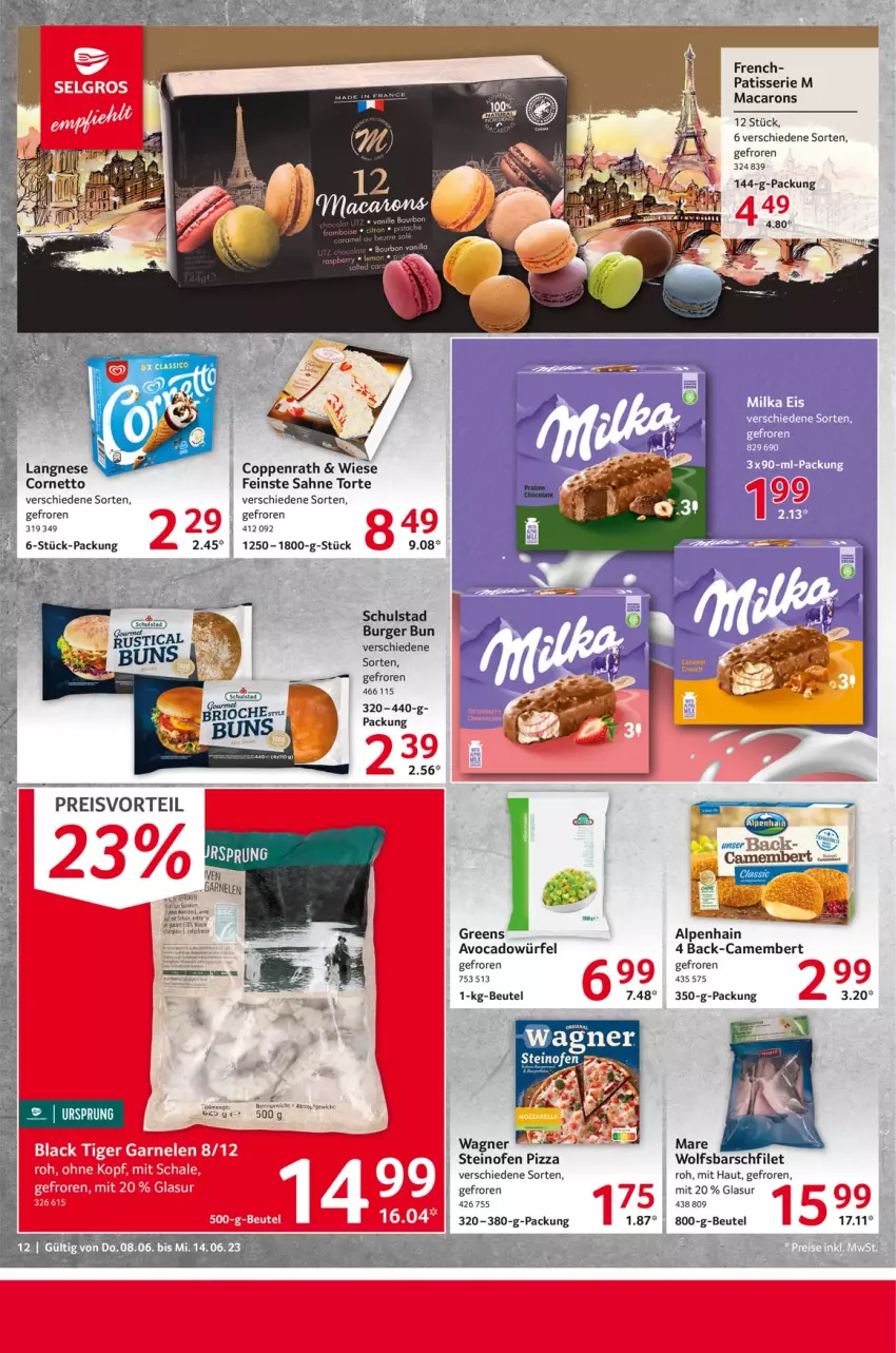 Aktueller Prospekt Selgros - Food - von 08.06 bis 14.06.2023 - strona 12 - produkty: Alpenhain, avocado, beutel, burger, camembert, coppenrath, cornetto, eier, eis, filet, langnese, LG, mac, Macarons, milka, Ofen, pizza, preisvorteil, reis, sahne, steinofen, steinofen pizza, tee, Ti, torte, wolfsbarsch, würfel