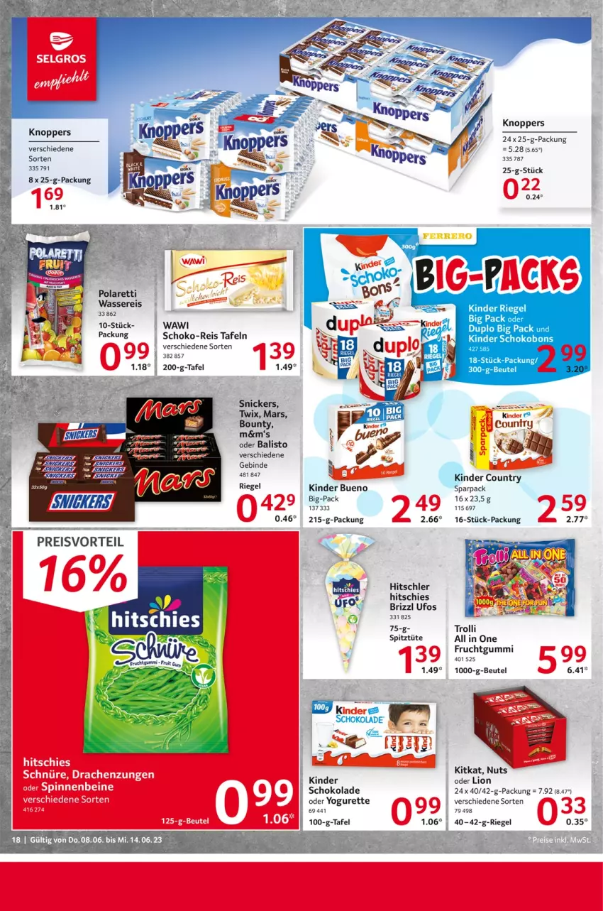 Aktueller Prospekt Selgros - Food - von 08.06 bis 14.06.2023 - strona 18 - produkty: balisto, beutel, bounty, duplo, eis, frucht, fruchtgummi, hitschler, Kinder, kinder bueno, kinder riegel, Kinder Schokobons, kinder schokolade, kitkat, knoppers, lion, mars, oder yogurette, preisvorteil, reis, riegel, schoko, schokolade, snickers, tee, trolli, Tüte, twix, wasser, wassereis, Yo, yogurette