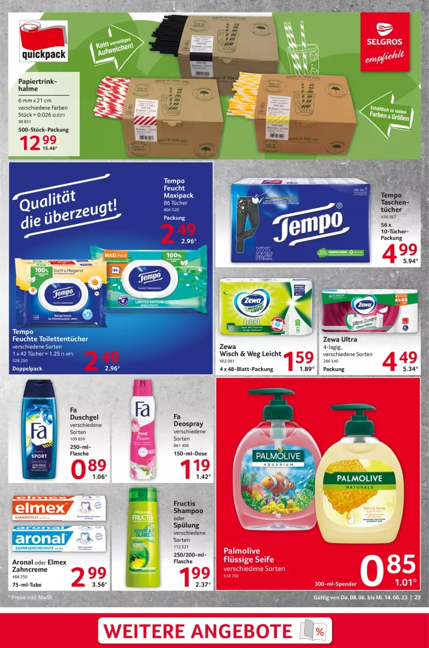 Aktueller Prospekt Selgros - Food - von 08.06 bis 14.06.2023 - strona 23 - produkty: creme, deo, deospray, duschgel, elmex, fa duschgel, flasche, natur, natura, olive, palmolive, papier, shampoo, spülung, Tasche, taschen, Tempo, Ti, toilettentücher, tücher, zahncreme, zewa