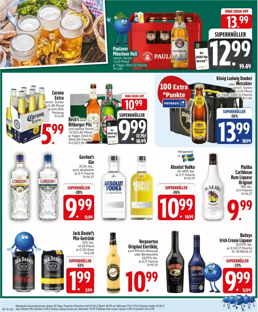 Aktueller Prospekt Edeka - Prospekte - von 05.05 bis 10.05.2025 - strona 22 - produkty: Absolut Vodka, alkohol, baileys, bier, bitburger, bitburger pils, burger, corona, deka, eier, eierlikör, eis, flasche, getränk, gin, gordon, gordon's, irish cream, jack daniel, jack daniel's, jack daniels, likör, liqueur, Malibu, maracuja, Paula, paulaner, pfirsich, pils, rama, reis, rum, verpoorten, vodka, weissbier, ZTE