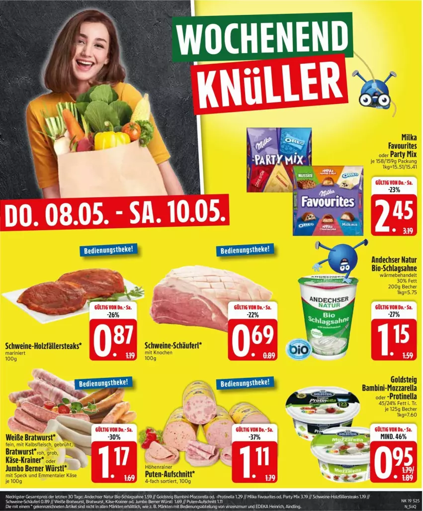 Aktueller Prospekt Edeka - Prospekte - von 05.05 bis 10.05.2025 - strona 27 - produkty: andechser natur, aufschnitt, Becher, bio, bratwurst, bsf, eis, emmentaler, fleisch, goldsteig, Holz, holzfällersteaks, jumbo, Käse, milka, mozzarella, natur, pute, rel, sahne, schlagsahne, schwein, schweine, Speck, steak, steaks, Ti, wein, weine, wurst