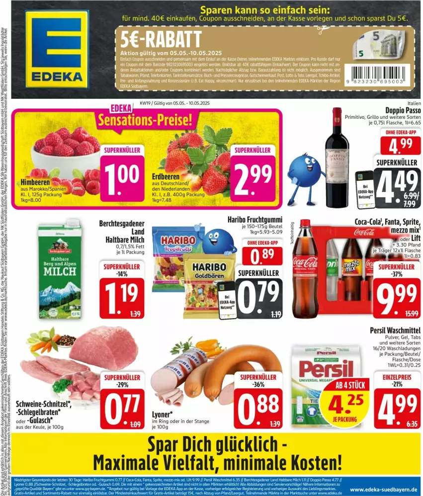 Aktueller Prospekt Edeka - Prospekte - von 05.05 bis 10.05.2025 - strona 3 - produkty: beere, beeren, beutel, braten, coca-cola, cola, coupon, doppio passo, erdbeere, erdbeeren, fanta, flasche, frucht, fruchtgummi, grill, grillo, gulasch, haltbare milch, haribo, himbeer, himbeere, himbeeren, lyoner, milch, passo, persil, persil waschmittel, primitivo, ring, schnitzel, schwein, schweine, schweine-schnitzel, sprite, Ti, waschmittel, wein, weine, Yo