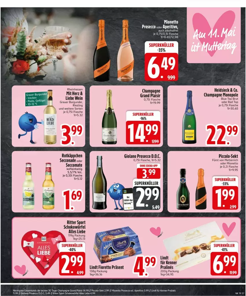 Aktueller Prospekt Edeka - Prospekte - von 05.05 bis 10.05.2025 - strona 9 - produkty: auer, brut, burgunder, champagne, ecco, flasche, fürst von metternich, grauer burgunder, lindt, Mett, metternich, mionetto, prosecco, riesling, ritter, ritter sport, rotkäppchen, schoko, schokowürfel, sekt, Sport, Ti, wein, würfel