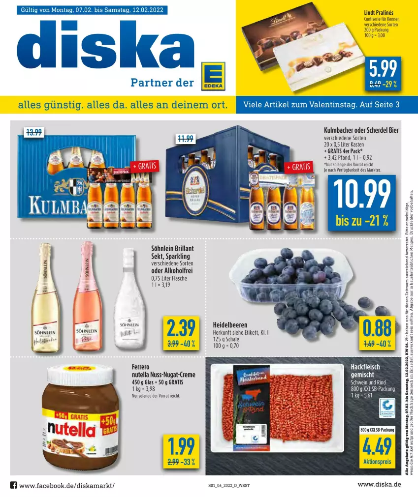 Aktueller Prospekt Diska - Prospekte - von 07.02 bis 12.02.2022 - strona 1 - produkty: aktionspreis, alkohol, angebot, angebote, beere, beeren, bier, brillant sekt, eis, erde, ferrero, flasche, heidelbeere, heidelbeeren, lindt, nuss, nutella, reis, Schal, Schale, sekt, söhnlein, söhnlein brillant, Ti