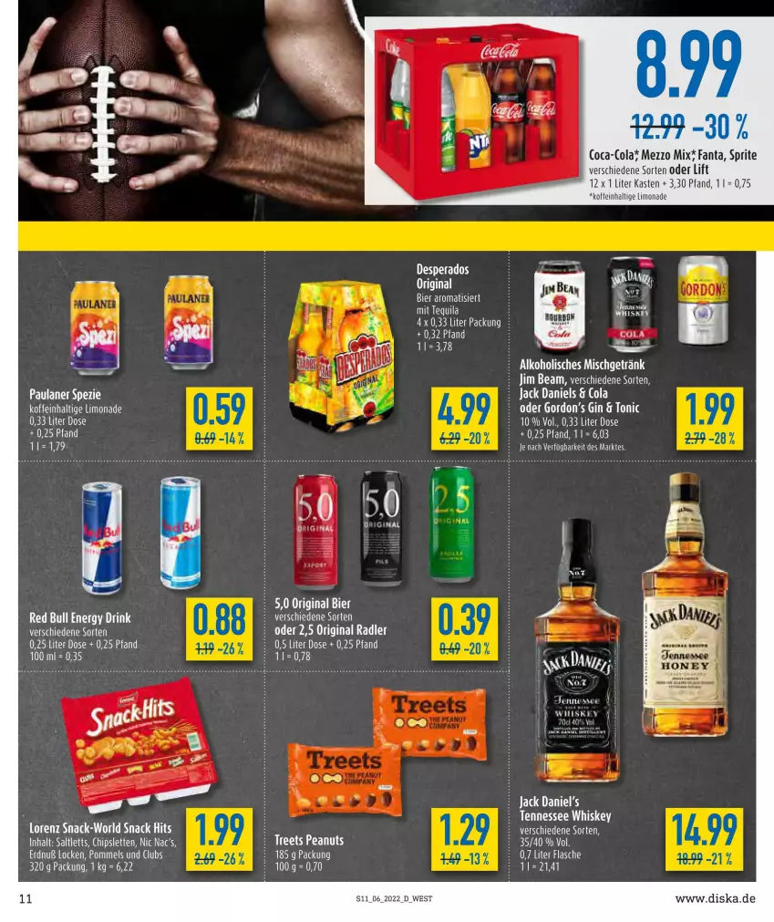 Aktueller Prospekt Diska - Prospekte - von 07.02 bis 12.02.2022 - strona 11 - produkty: bier, chips, coca-cola, cola, drink, energy drink, fanta, flasche, gin, gordon, Gordon’s, jack daniel, jack daniel's, jim beam, LG, limo, limonade, lorenz, Mezzo Mix, Paula, paulaner, Pommels, red bull, saltletts, snack, snack hits, Spezi, sprite, tennessee whiskey, tequila, Ti, tonic, whiskey