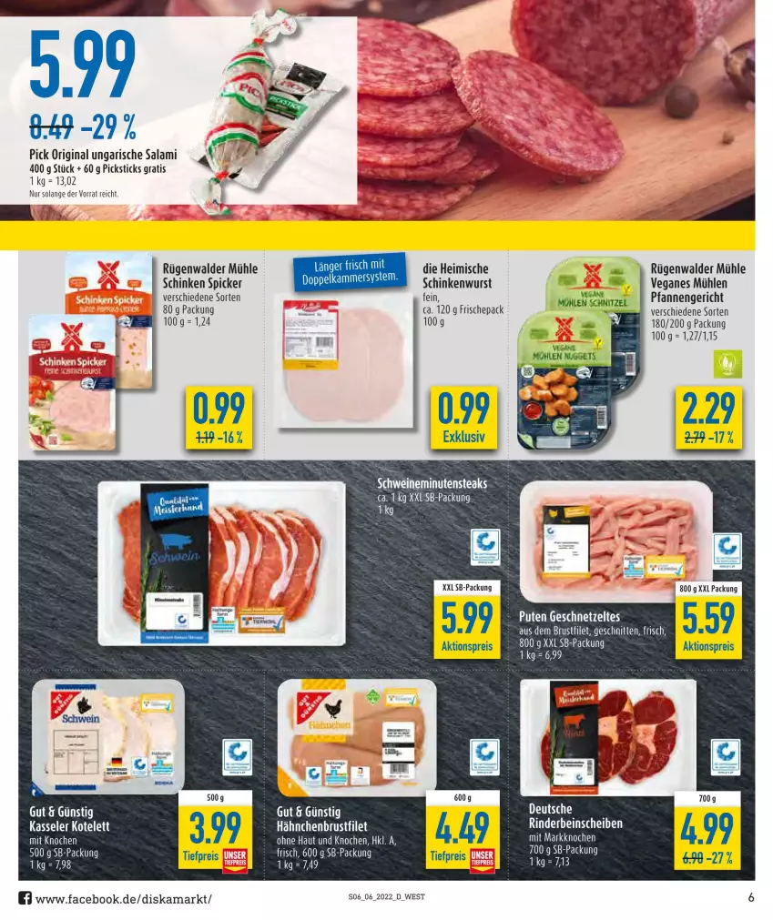 Aktueller Prospekt Diska - Prospekte - von 07.02 bis 12.02.2022 - strona 6 - produkty: aktionspreis, eis, geschnetzeltes, gin, minutensteaks, pfanne, pfannen, pute, reis, rind, rinder, rügenwalder, rügenwalder mühle, salami, schinken, schinkenwurst, schwein, schweine, steak, steaks, Ti, tiefpreis, Ungarische Salami, wein, weine, wurst, Zelt, ZTE