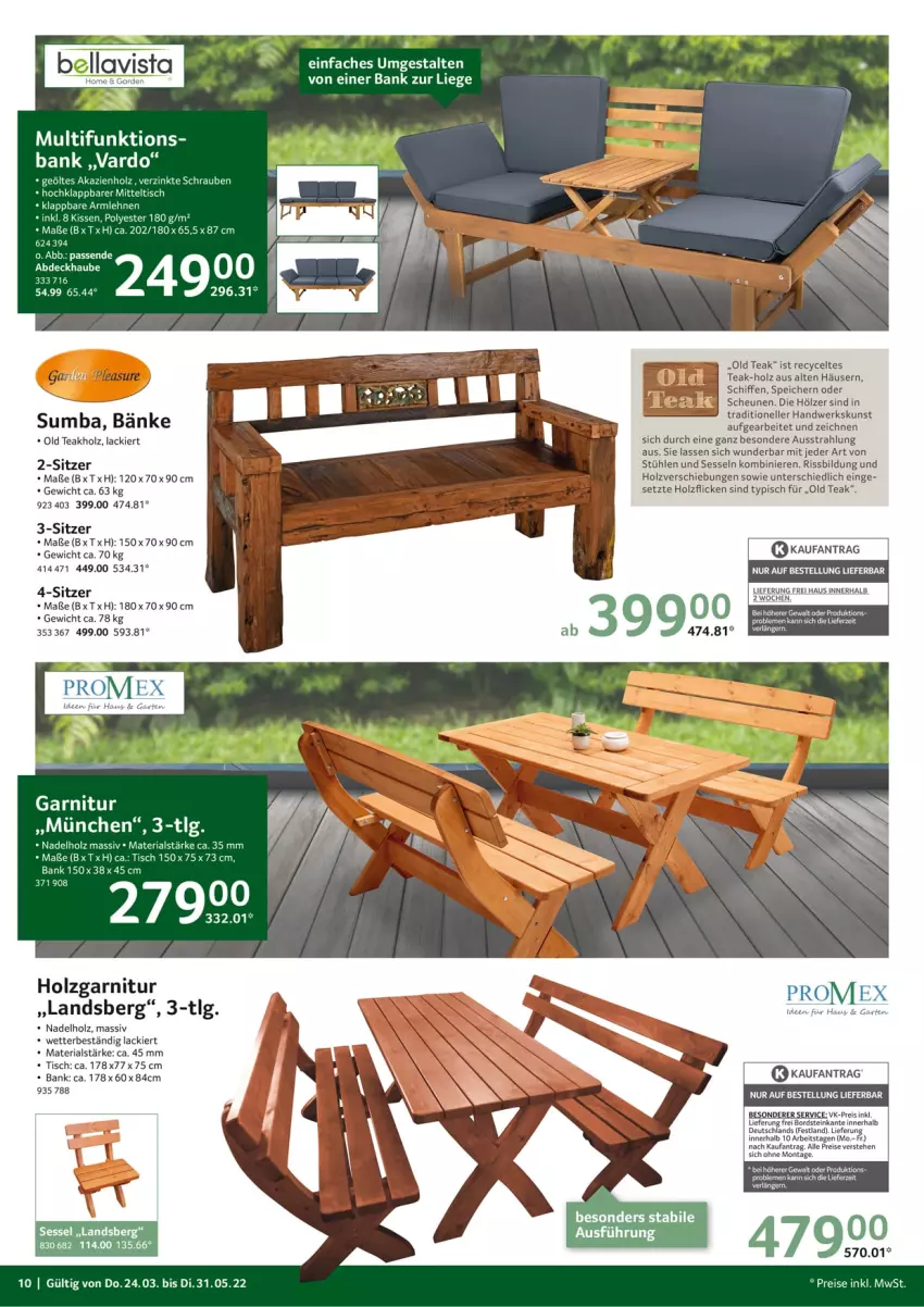 Aktueller Prospekt Selgros - Outdoor - von 24.03 bis 31.05.2022 - strona 10 - produkty: abdeckhaube, Bank, eis, elle, garnitur, Heu, Holz, kissen, lack, LG, Liege, reis, Ria, schrauben, sessel, Stühl, Ti, tisch, ZTE