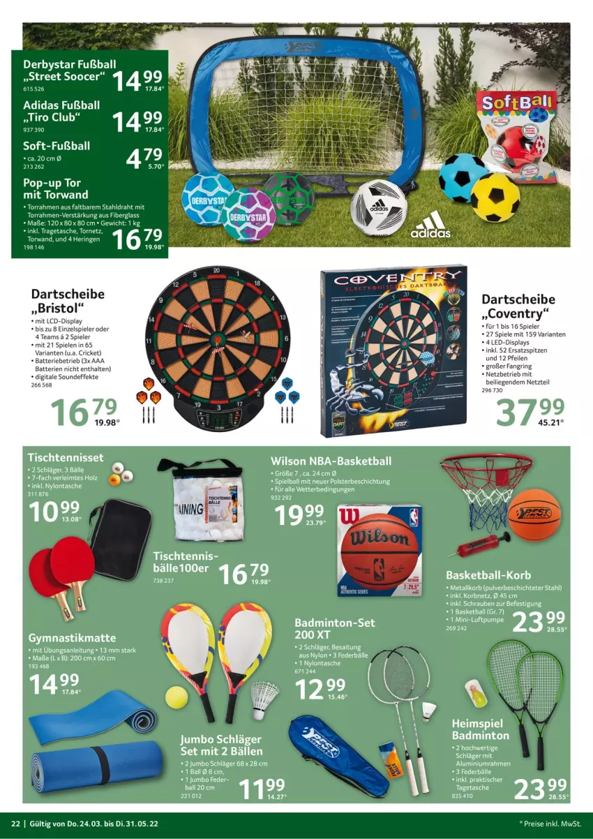 Aktueller Prospekt Selgros - Outdoor - von 24.03 bis 31.05.2022 - strona 22 - produkty: Adidas, asti, Bad, ball, batterie, batterien, Draht, Fußball, hering, Holz, jumbo, korb, lays, Liege, mint, Ria, ring, schrauben, Spiele, Tasche, Ti, tisch, ZTE