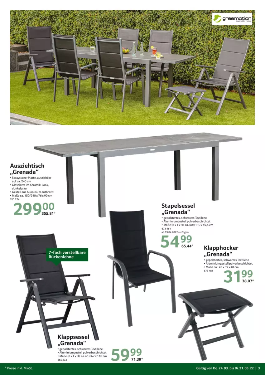 Aktueller Prospekt Selgros - Outdoor - von 24.03 bis 31.05.2022 - strona 3 - produkty: aluminiumgestell, glasplatte, greemotion, hocker, klappsessel, latte, LG, natur, rückenlehne, sessel, stapelsessel, Ti, tisch