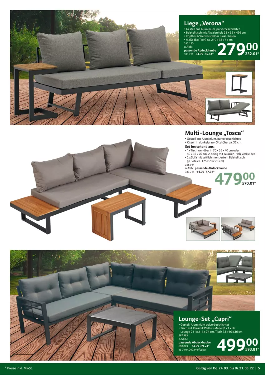 Aktueller Prospekt Selgros - Outdoor - von 24.03 bis 31.05.2022 - strona 5 - produkty: abdeckhaube, beistelltisch, Cap, eis, Holz, kissen, kleid, latte, LG, Liege, lounge-set, reis, Sitzhöhe, Sofa, Ti, tisch