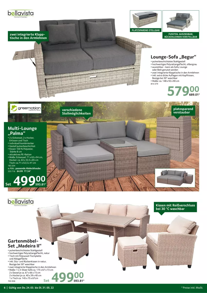 Aktueller Prospekt Selgros - Outdoor - von 24.03 bis 31.05.2022 - strona 6 - produkty: abdeckhaube, armlehnen, bett, eis, erde, Garten, gartenmöbel, hocker, HP, kissen, klapptisch, kopfkissen, latte, LG, möbel, natur, reis, Rückenkissen, rückenlehne, sessel, Sofa, Ti, tisch, tischplatte