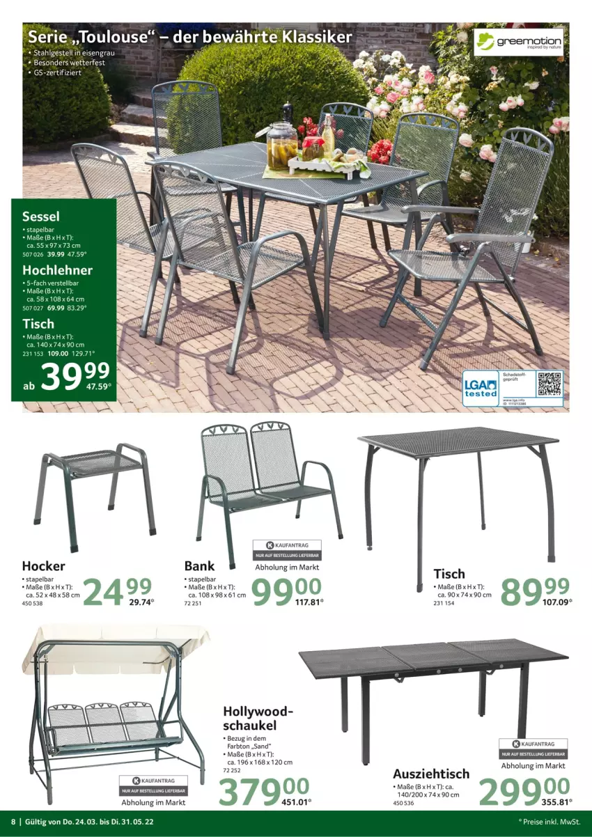 Aktueller Prospekt Selgros - Outdoor - von 24.03 bis 31.05.2022 - strona 8 - produkty: Bank, greemotion, hocker, LG, natur, Schaukel, sessel, Ti, tisch