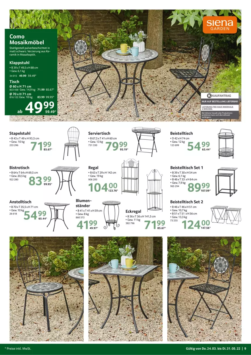 Aktueller Prospekt Selgros - Outdoor - von 24.03 bis 31.05.2022 - strona 9 - produkty: beistelltisch, Bistrotisch, blume, blumen, eis, klappstuhl, LG, möbel, regal, reis, stapelstuhl, stuhl, Ti, tisch