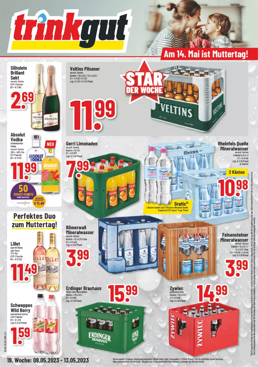 Aktueller Prospekt Trinkgut - von 08.05 bis 13.05.2023 - strona 1 - produkty: Absolut Vodka, Alwa, angebot, angebotspreis, aperitif, bier, brillant sekt, deutschlandcard, eis, elle, erde, erdinger, flasche, grapefruit, LG, lillet, limo, limonade, limonaden, mineralwasser, natur, pils, pilsener, radler, reis, rheinfels quelle, schweppes, sekt, söhnlein, söhnlein brillant, steiner, Ti, veltins, veltins pilsener, vodka, wasser, Wild, wild berry