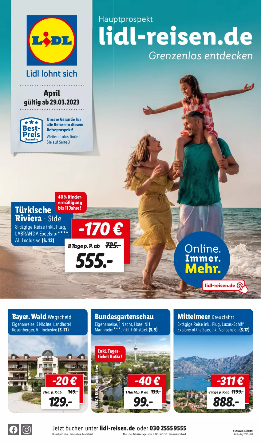 Aktueller Prospekt Lidl - Monatliche Reise-Highlights - von 29.03 bis 30.04.2023 - strona 1 - produkty: Berger, buch, decke, eier, eis, Garten, Kinder, labranda, pril, reis, rosen, Ti, uhr