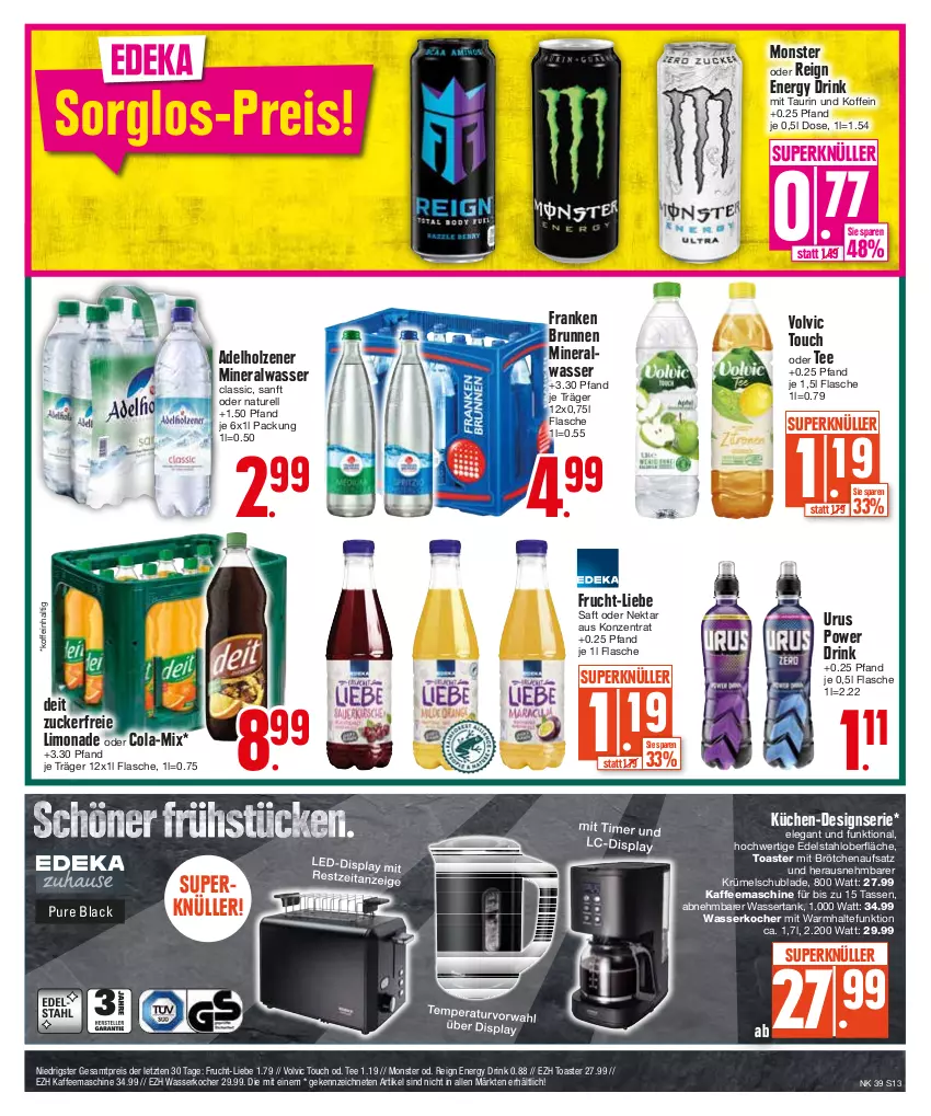 Aktueller Prospekt E Center - Angebote der Woche - von 25.09 bis 30.09.2023 - strona 13 - produkty: adelholzener, Alwa, brötchen, brötchenaufsatz, brunnen, cola, deit, drink, edelstahl, eis, energy drink, flasche, franken brunnen, frucht, Holz, kaffee, kaffeemaschine, Kocher, küche, Küchen, lack, limo, limonade, mineralwasser, Mineralwasser Classic, monster, natur, Nektar, reis, rel, saft, tasse, tee, Ti, toast, toaster, volvic, wasser, wasserkocher, wassertank, ZTE, zucker