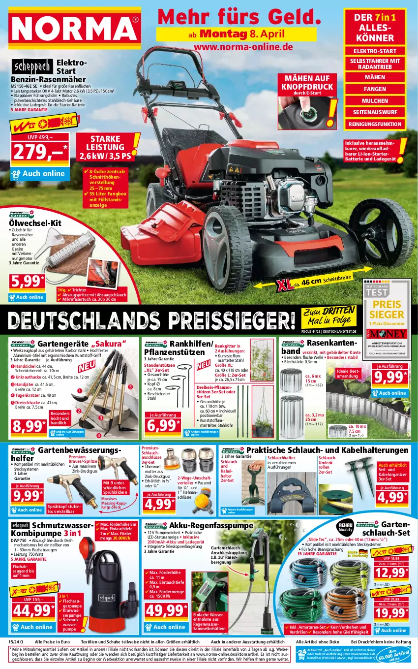 Aktueller Prospekt Norma - Norma - von 08.04 bis 15.04.2024 - strona 1 - produkty: akku, Akku-Regenfasspumpe, armatur, armaturen, batterie, Bebe, Beetumrandung, Behälter, brause, Brei, eis, Elektro, elle, Flachsaugerpumpe, Garten, gartenschlauch, gin, Kraut, lachs, ladegerät, LG, Mantel, mikrofaser, ndk, pflanze, pflanzen, pril, rasen, rasenmäher, Reinigung, reis, reiss, Schal, schlauch, schuhe, senf, stauden, Staudenstützen, Teleskop, Ti, tisch, tuc, wasser, werkzeug