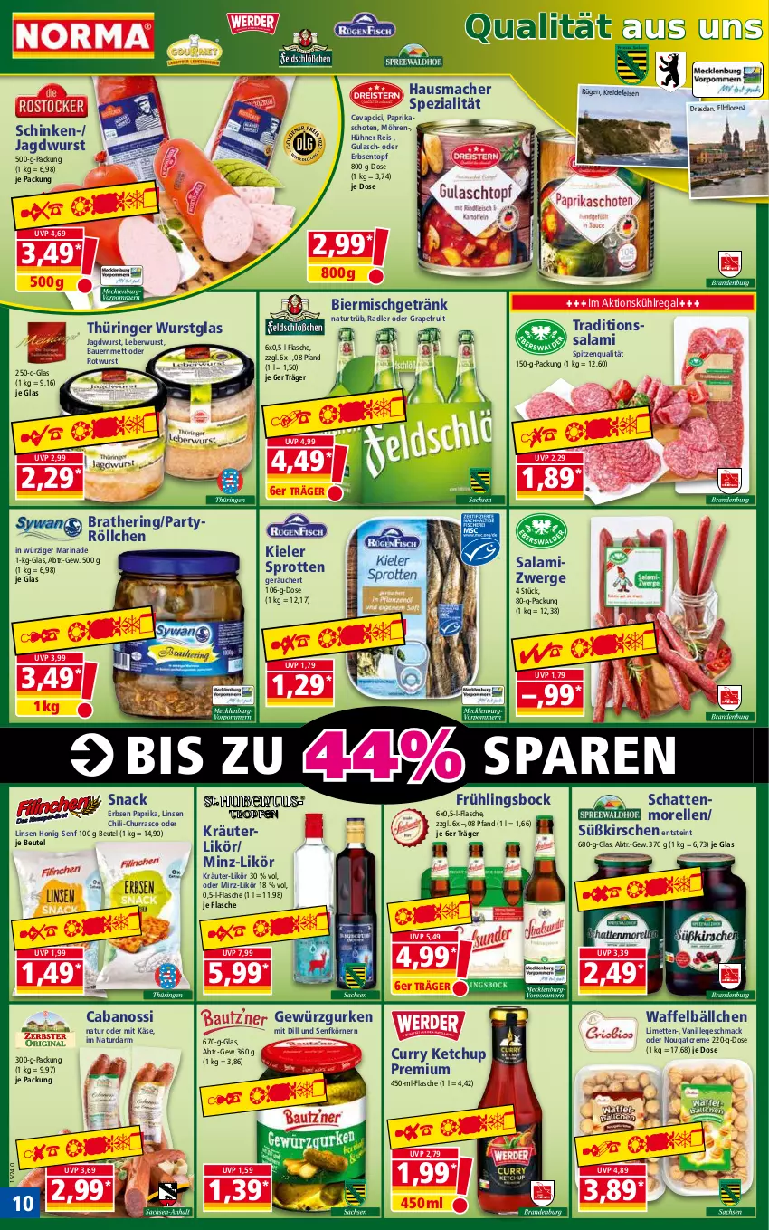 Aktueller Prospekt Norma - Norma - von 08.04 bis 15.04.2024 - strona 10 - produkty: auer, Bau, Bauer, beutel, bier, Cabanossi, cevapcici, chili, creme, curry, eis, elle, erbsen, flasche, getränk, gewürz, Gewürzgurke, gewürzgurken, grapefruit, gulasch, gurke, gurken, Hausmacher, hering, honig, Honig-Senf, hühner, jagdwurst, Käse, ketchup, kirsch, kirsche, kirschen, kräuter, kräuterlikör, Kreide, kühlregal, leberwurst, likör, limette, limetten, linsen, lorenz, mac, marinade, Mett, metten, möhren, morellen, natur, Nougatcreme, paprika, radler, regal, reis, rel, ring, Rotwurst, salami, schattenmorellen, schinken, senf, snack, Spezi, spitzenqualität, Sprotten, Ti, topf, vanille, wurst