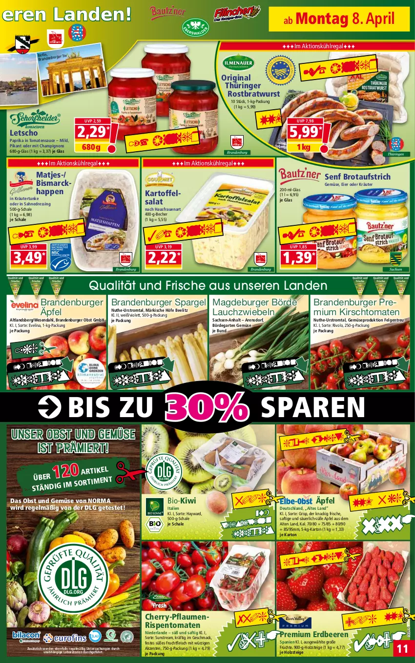 Aktueller Prospekt Norma - Norma - von 08.04 bis 15.04.2024 - strona 11 - produkty: apfel, aufstrich, Becher, beere, beeren, bio, bismarck, bratwurst, brot, brotaufstrich, burger, champignon, champignons, dressing, eier, eis, ente, erdbeere, erdbeeren, erde, felgen, fleisch, frucht, früchte, fruchtfleisch, Garten, gin, Holz, kartoffel, kartoffelsalat, kirsch, kiwi, kräuter, kühlregal, Lauchzwiebel, lauchzwiebeln, Letscho, LG, mac, matjes, obst, Obst und Gemüse, oder kräuter, original thüringer, paprika, pflaume, pflaumen, pril, regal, reis, ring, rispentomaten, rostbratwurst, sac, saft, sahne, salat, sauce, Schal, Schale, senf, spargel, thüringer rostbratwurst, Ti, tiefpreis, tomate, tomaten, tomatensauce, und gemüse, wurst, zwiebel, zwiebeln