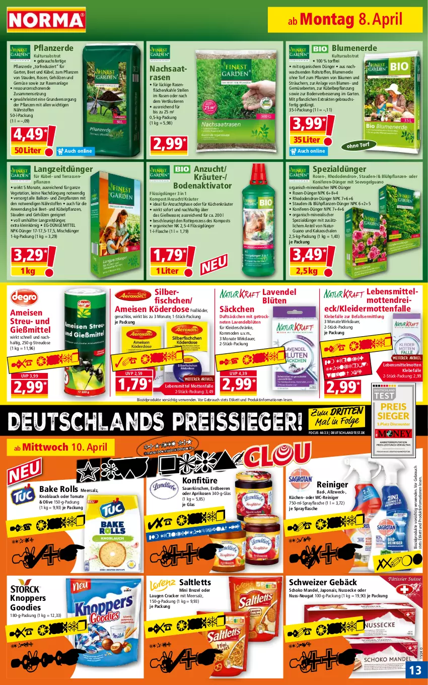 Aktueller Prospekt Norma - Norma - von 08.04 bis 15.04.2024 - strona 13 - produkty: aprikose, aprikosen, auer, Bad, beere, beeren, bio, biozidprodukte, blume, blumen, blumenerde, Blüte, brezel, cracker, dünger, eis, elle, erdbeere, erdbeeren, erde, fisch, flasche, flüssigdünger, Garten, HP, kakao, kirsch, kirsche, kirschen, kleid, kleider, Kleiderschränke, Kommoden, knoblauch, knoppers, kommode, konfitüre, Konifere, kräuter, kübelpflanzen, küche, Küchen, lavendel, lebensmittel, LG, mandel, meersalz, Mode, Mottenfalle, natur, nuss, olive, pflanze, pflanzen, pflanzerde, pril, rasen, Rauch, reiniger, reis, reiss, rosen, rwe, saltletts, salz, sauerkirschen, Schal, Schale, schoko, Spezi, stauden, tepro, Ti, Tiere, tomate, und gemüse, Vegeta, wasser, wc-reiniger, weck