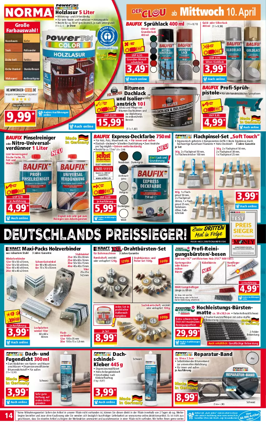 Aktueller Prospekt Norma - Norma - von 08.04 bis 15.04.2024 - strona 14 - produkty: asti, auer, aufbewahrungsbox, Bau, Bebe, braun, bürste, bürsten, decke, Dosenöffner, Draht, eis, elle, ente, Garten, gin, Grundierlack, Holz, holzlasur, HP, Kamin, kleber, kraft, lack, latte, LG, Metallschutzlack, ndk, Nitro-Universalverdünner, nuss, Pinsel, pril, rasen, reiniger, Reinigung, reinigungsbürste, reis, reiss, rwe, Sprühlack, stuhl, Ti, tisch, Universalverdünner