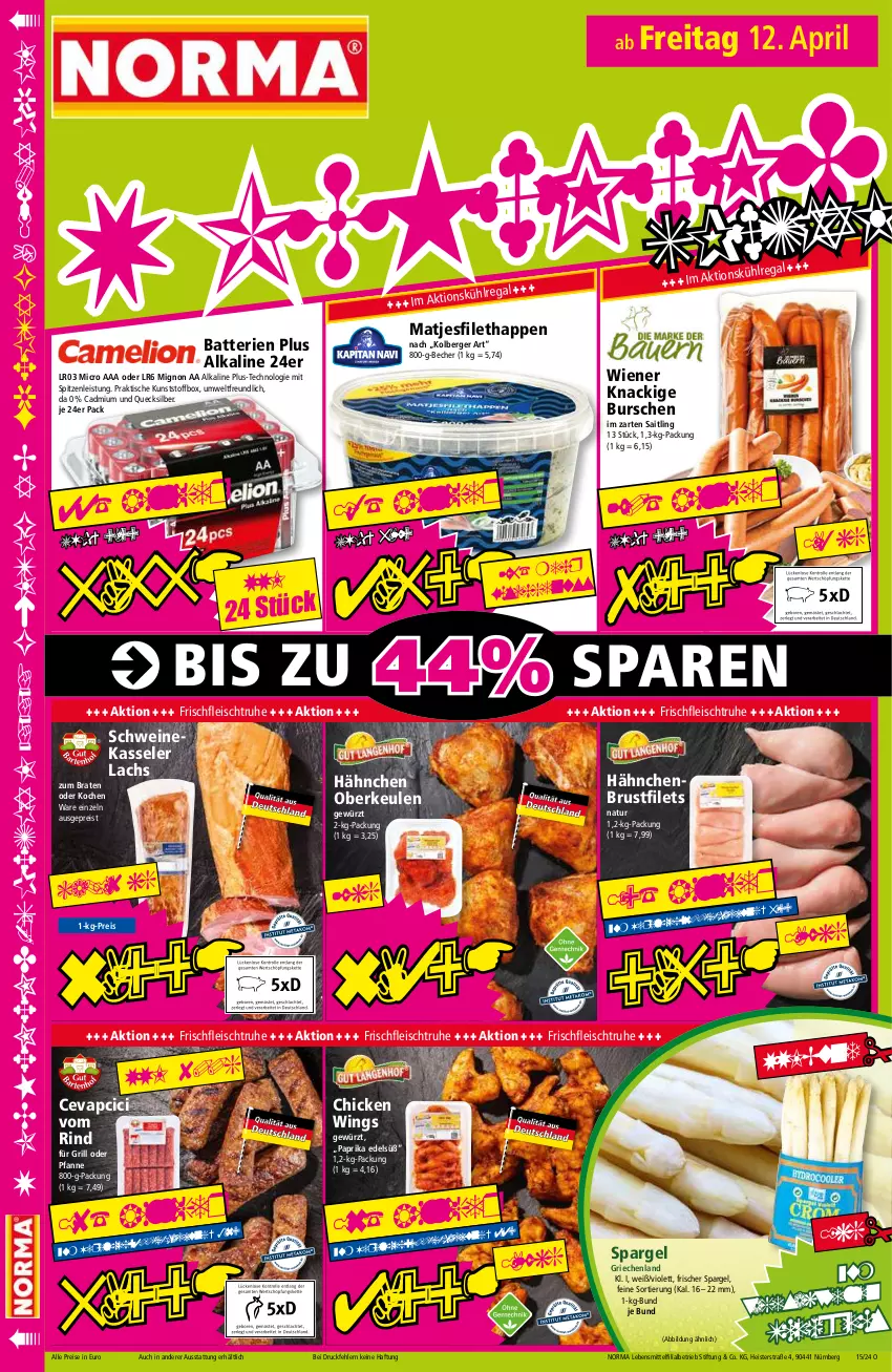 Aktueller Prospekt Norma - Norma - von 08.04 bis 15.04.2024 - strona 18 - produkty: batterie, batterien, Becher, Berger, braten, brustfilet, cevapcici, chicken wings, eis, filet, filets, fisch, fleisch, gewürz, grill, hähnchenbrust, hähnchenbrustfilet, im zarten saitling, kasseler, lachs, lebensmittel, matjes, Matjesfilet, natur, paprika, pfanne, pril, regal, reis, rind, schwein, schweine, spargel, Ti, tiefpreis, tisch, wein, weine, wiener