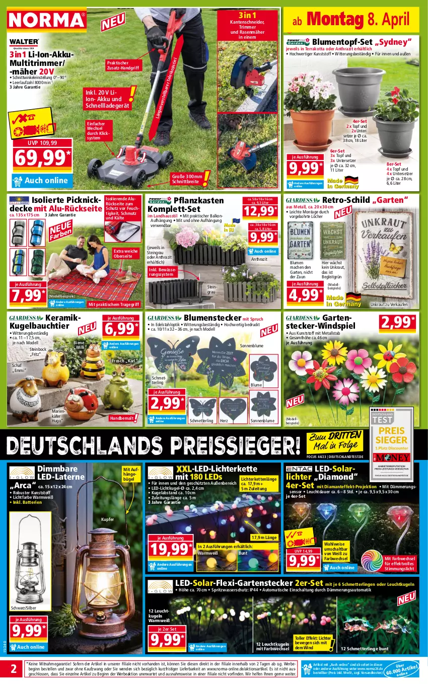 Aktueller Prospekt Norma - Norma - von 08.04 bis 15.04.2024 - strona 2 - produkty: akku, auer, auto, batterie, batterien, Bau, Bebe, blume, blumen, Brei, bügel, decke, dell, edelstahl, eis, elle, emmi, fritz, Frosch, Garten, gin, hugo, käfer, Kette, Kraut, Kugel, ladegerät, laterne, led-licht, leds, LG, li-ion-akku, lichterkette, mac, Mett, Mode, ndk, Pflanzkasten, picknickdecke, pril, rasen, rasenmäher, reis, reiss, rwe, Schal, Schmetterling, schnellladegerät, sonnenblume, Spiele, Steinbock, Ti, tisch, topf, topf-set, tragegriff, Untersetzer, wasser, ZTE