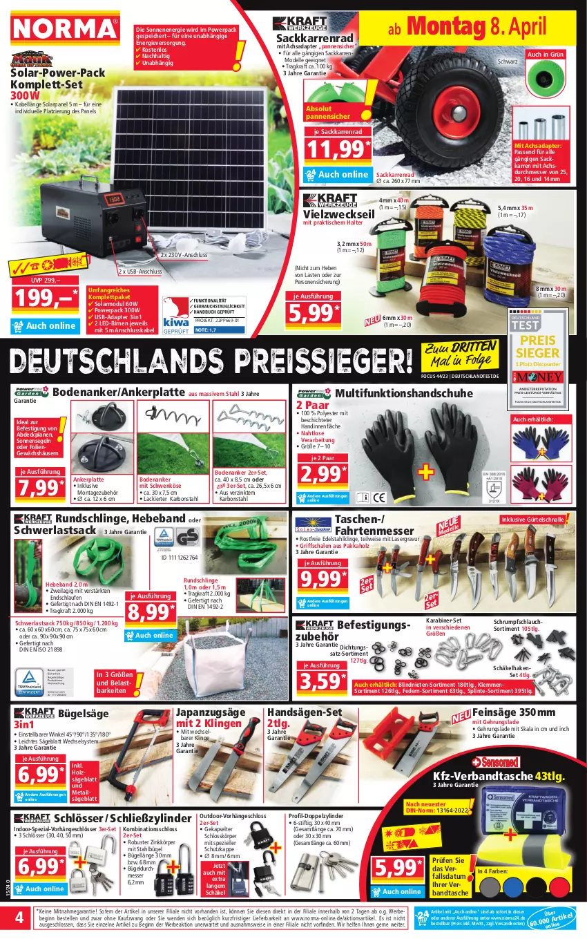 Aktueller Prospekt Norma - Norma - von 08.04 bis 15.04.2024 - strona 4 - produkty: abdeckplane, adapter, Anzug, Beba, Bebe, Birnen, bügel, dell, edelstahl, eis, elle, gin, handschuhe, Holz, ilag, kraft, lack, latte, Laufen, LG, messer, Mode, ndk, passend für alle, pril, reis, reiss, rum, sac, säge, Schal, Schale, schlauch, schuhe, sonnensegel, Spezi, Tasche, taschen, Ti, tisch, usb, Vielzweckseil, Warnweste, weck, Weste