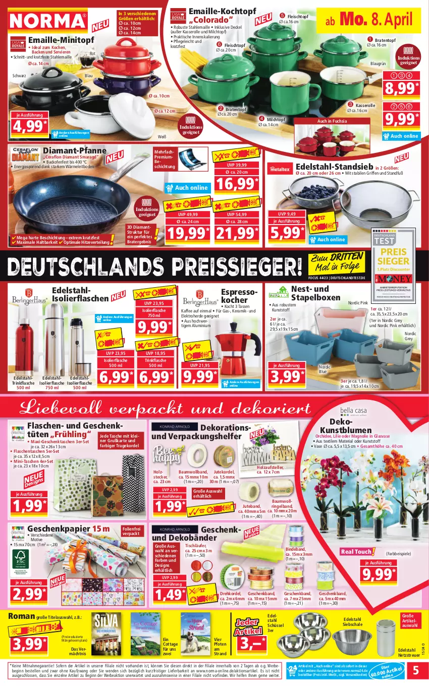 Aktueller Prospekt Norma - Norma - von 08.04 bis 15.04.2024 - strona 5 - produkty: backofen, Bau, Bebe, blume, blumen, braten, Bratentopf, decke, Deckel, dekoration, edelstahl, eis, Elektro, elle, erde, espresso, Espressokocher, flasche, fleisch, Fleischtopf, Geschenkpapier, Geschenktasche, gin, Holz, HP, isolierflasche, kaffee, Kocher, Kochtopf, Kunstblume, Läufer, LG, maille, milch, ndk, Ofen, orchidee, papier, pfanne, pril, reis, reiss, Ria, ring, Schal, Schale, schüssel, Spiele, Tasche, taschen, tasse, teller, Ti, tisch, tischläufer, topf, trinkflasche, Tüte, Vase