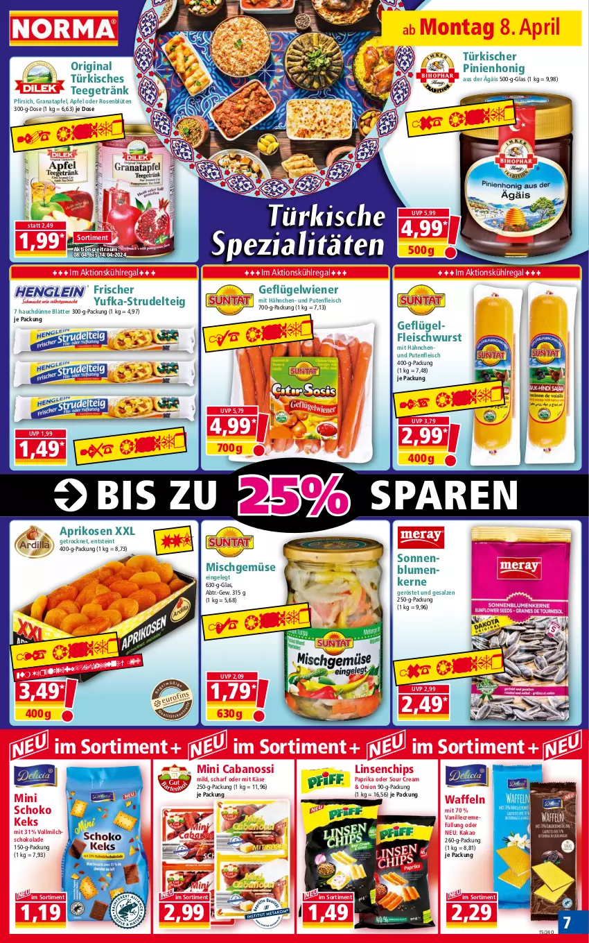 Aktueller Prospekt Norma - Norma - von 08.04 bis 15.04.2024 - strona 7 - produkty: apfel, aprikose, aprikosen, blume, blumen, Blüte, Cabanossi, chips, creme, eis, fleisch, fleischwurst, Geflügel, getränk, gin, grana, granatapfel, honig, kakao, Käse, keks, kühlregal, linsen, milch, paprika, pfirsich, pril, pute, Putenfleisch, Rana, regal, rosen, salz, schoko, schokolade, sonnenblume, sonnenblumen, Sonnenblumenkerne, sour cream, Spezi, Strudel, tee, Ti, vanille, vollmilch, waffeln, wiener, wurst