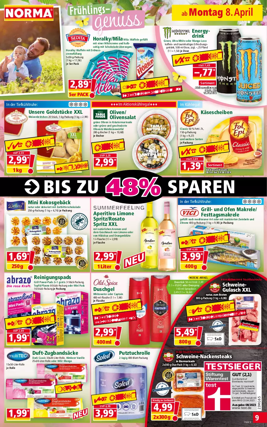 Aktueller Prospekt Norma - Norma - von 08.04 bis 15.04.2024 - strona 9 - produkty: Becher, bier, Blüte, braten, brötchen, Cap, cassis, creme, deo, deospray, Deostick, drink, duschgel, eis, erdnuss, erfrischungsgetränk, flasche, fleisch, getränk, Goldstücke, grill, grüne oliven, gulasch, himbeer, Käse, kokos, kräuter, kühlregal, limo, mac, Makrele, mango, marinade, milch, Nackensteak, nackensteaks, natur, nuss, oder deospray, Ofen, olive, oliven, orange, orangen, pfanne, pril, regal, Reinigung, rel, rosato, salat, schoko, schokolade, schwein, schweine, schweinegulasch, schweinenacken, steak, steaks, Ti, tisch, topf, tuc, vanille, waffeln, weichkäse, wein, weine, weizenbrötchen, würfel, Zartbitterschokolade, zitrone, ZTE, zwiebel, zwiebeln