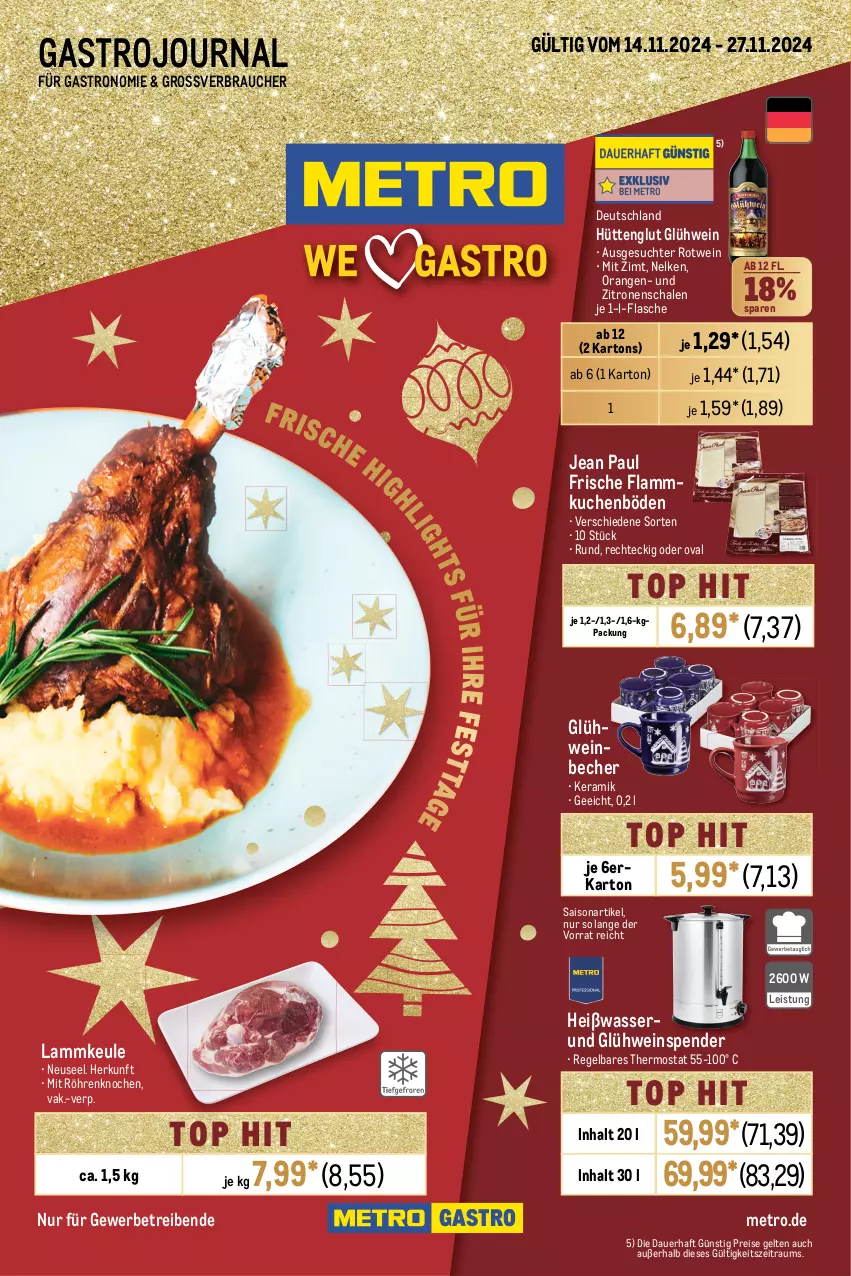 Aktueller Prospekt Metro - GastroJournal - von 14.11 bis 27.11.2024 - strona 1 - produkty: auer, Becher, eis, flammkuchen, flasche, Glühwein, kuchen, lamm, lammkeule, Metro, orange, orangen, Rauch, reis, rotwein, Schal, Schale, thermostat, Ti, wasser, wein, zitrone, zitronen