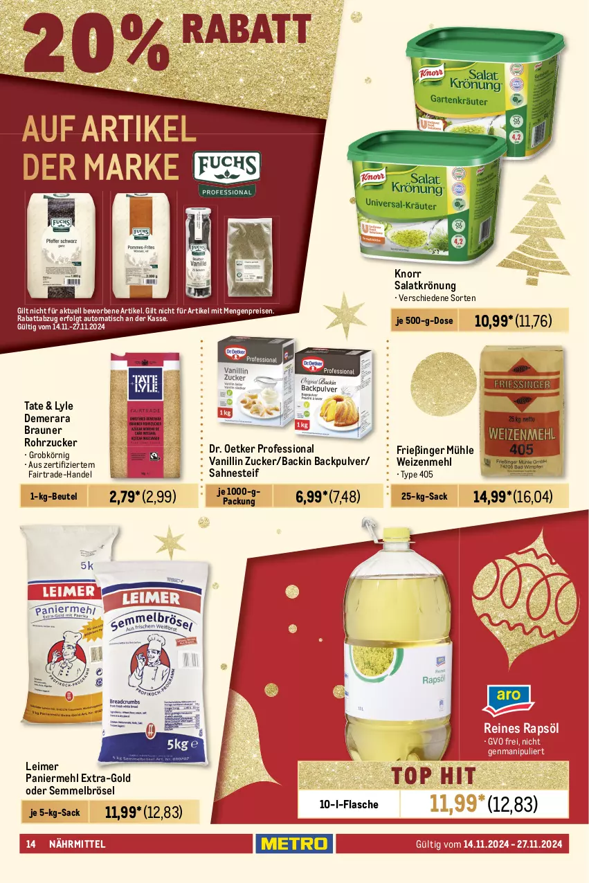 Aktueller Prospekt Metro - GastroJournal - von 14.11 bis 27.11.2024 - strona 14 - produkty: apfel, apfelmus, auto, barilla, beutel, braten, braun, coupon, curry, Dr. Oetker, eimer, eis, flasche, gewürz, Gewürzgurke, gewürzgurken, gurke, gurken, Hela, hollandaise, hühner, Hühnersuppe, ketchup, knorr, Konserven, leimer, LG, maggi, mehl, Metro, Paniermehl, pasta, rapsöl, Rauch, reines rapsöl, reis, rohrzucker, sac, saft, sahne, sahnesteif, salat, salatkrönung, sauce, sauce hollandaise, Semmel, Semmelbrösel, suppe, Ti, tisch, tomate, tomaten, Tomatensaft, type 405, weizenmehl, zucker