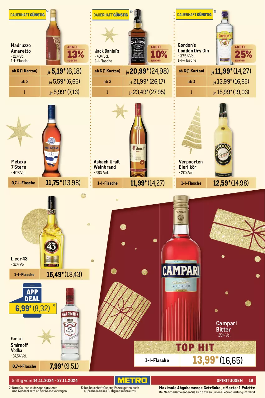 Aktueller Prospekt Metro - GastroJournal - von 14.11 bis 27.11.2024 - strona 19 - produkty: Amaretto, asbach uralt, auer, campari, coca-cola, cola, coupon, dry gin, eier, eierlikör, eis, flasche, getränk, getränke, gin, gordon, jack daniel, licor, licor 43, likör, london dry, london dry gin, Metaxa, Metro, metro gastro, Palette, reis, sattel, smirnoff, spirituosen, Ti, verpoorten, vodka, wein, weinbrand