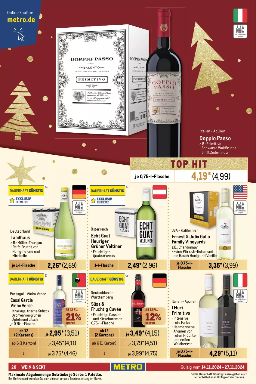 Aktueller Prospekt Metro - GastroJournal - von 14.11 bis 27.11.2024 - strona 20 - produkty: angebot, angebote, auer, beere, beeren, brut, casal garcia, cassis, Cava, champagne, champagner, chardonnay, cuvée, doppio passo, ecco, eis, elle, erde, flasche, freixenet, frucht, früchte, früchten, fruchtsecco, gallo, gallo family, getränk, getränke, Heu, Holz, honig, honigmelone, kirsch, mac, melone, Metro, mionetto, Müller, Müller-Thurgau, Palette, passo, perla, pfirsich, primitivo, prosecco, qualitätswein, reifen, reis, Ria, rotkäppchen, Schal, Schale, sekt, Ti, vanille, vinho verde, wein, zitrone, zitronen