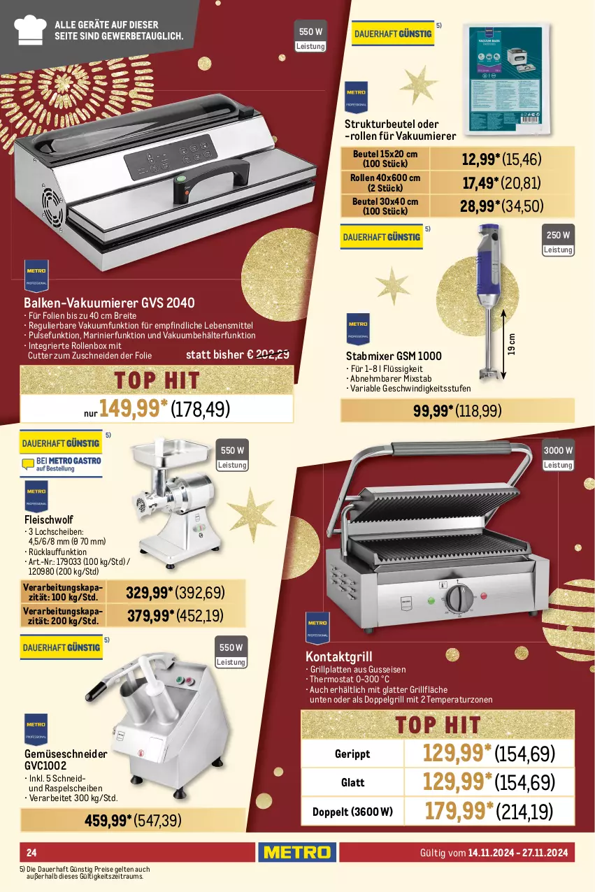 Aktueller Prospekt Metro - GastroJournal - von 14.11 bis 27.11.2024 - strona 24 - produkty: auer, Behälter, beutel, Brei, dell, edelstahl, eis, Elektro, elle, fleisch, fritteuse, garraum, grill, grillfläche, grillplatte, Kocher, kontaktgrill, küche, Küchen, küchenmaschine, latte, lebensmittel, LG, mikrowelle, Mixer, Mode, nudel, nudeln, reis, Ria, Rollenbox, Schneebesen, schüssel, sonderposten, stabmixer, teller, thermostat, Ti, Vakuumierer, Waffeleisen, waffeln, wasser