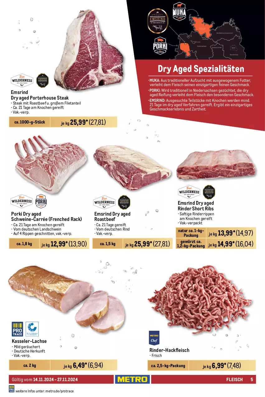 Aktueller Prospekt Metro - GastroJournal - von 14.11 bis 27.11.2024 - strona 5 - produkty: beef, braten, brustfilet, eis, elle, ente, Falsches Filet, filet, fleisch, gewürz, grill, hackfleisch, hähnchenbrust, hähnchenbrustfilet, kasseler, lachs, Metro, natur, reis, rind, rinder, rinder-hackfleisch, rinderbraten, Rinderrippen, Rippen, roastbeef, saft, Schal, Schale, schnitten, schwein, schweine, schweinenacken, steak, Ti, topf, wein, weine