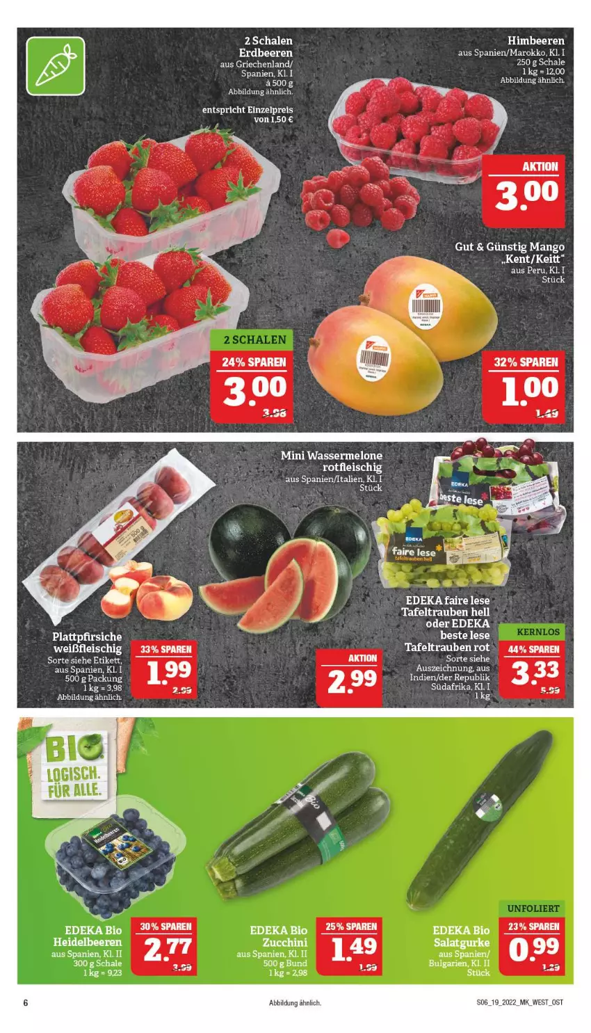 Aktueller Prospekt Marktkauf - Prospekt - von 08.05 bis 14.05.2022 - strona 10 - produkty: beere, beeren, bio, deka, edeka bio, eis, erdbeere, erdbeeren, fleisch, himbeer, himbeere, himbeeren, LG, mango, melone, pfirsich, pfirsiche, plattpfirsiche, Schal, Schale, tafeltrauben, Ti, trauben, wasser, wassermelone, zucchini