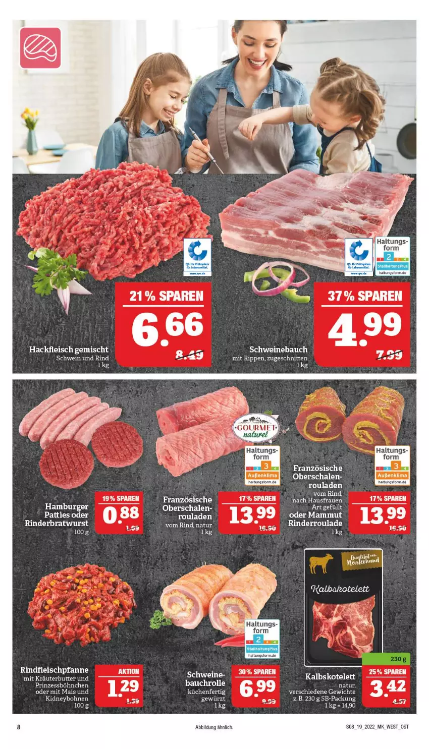 Aktueller Prospekt Marktkauf - Prospekt - von 08.05 bis 14.05.2022 - strona 12 - produkty: Bau, bohne, bohnen, burger, eis, fleisch, gewürz, hackfleisch, hackfleisch gemischt, hamburger, kalbskotelett, kidney, kotelett, mais, mam, natur, rind, rinder, Rinderroulade, Rippen, rouladen, Schal, Schale, schnitten, schwein, schwein und rind, schweine, Schweinebauch, Ti, wein, weine, Yo