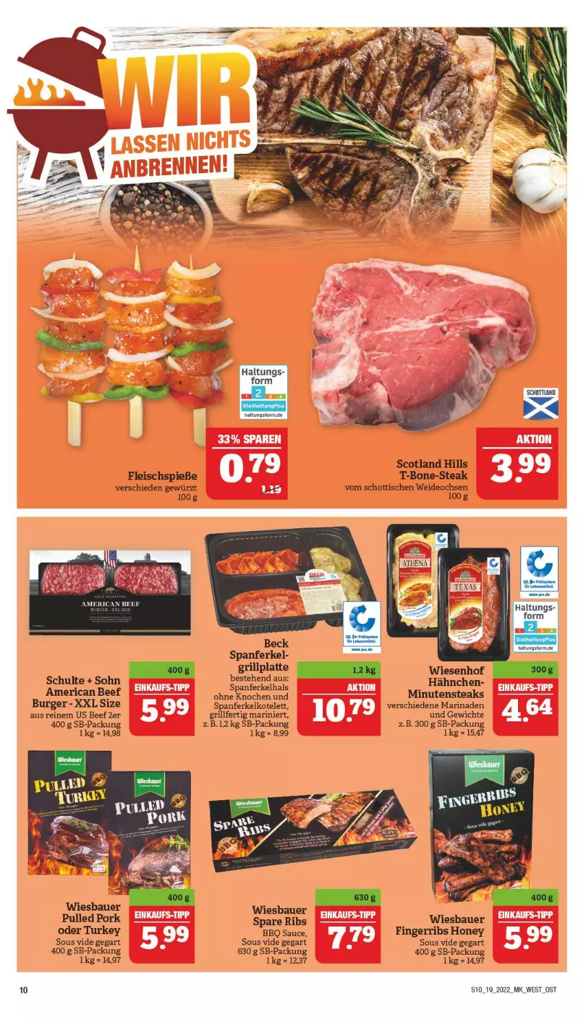 Aktueller Prospekt Marktkauf - Prospekt - von 08.05 bis 14.05.2022 - strona 14 - produkty: auer, Bau, Bauer, beef, burger, deo, eis, fleisch, Fleischspieße, gewürz, grill, kotelett, marinade, minutensteaks, sauce, schott, spare ribs, steak, steaks, Ti, tisch, wiesbauer, wiesenhof