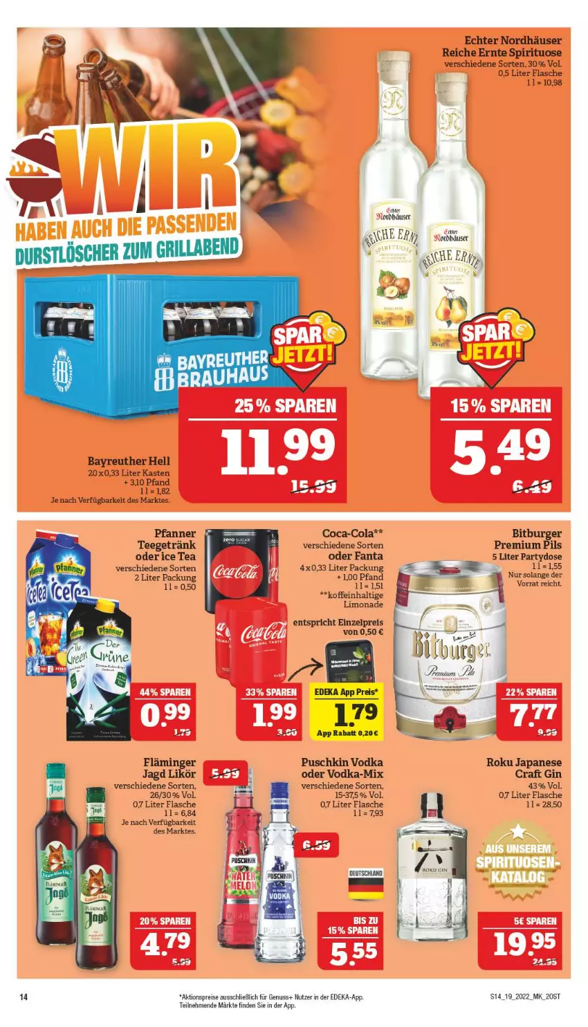 Aktueller Prospekt Marktkauf - Prospekt - von 08.05 bis 14.05.2022 - strona 18 - produkty: aktionspreis, bitburger, burger, coca-cola, cola, deka, durstlöscher, eis, fanta, flasche, getränk, gin, grill, ice tea, likör, limo, limonade, nuss, pfanne, Pfanner, pils, premium pils, puschkin vodka, reis, tee, Ti, vodka