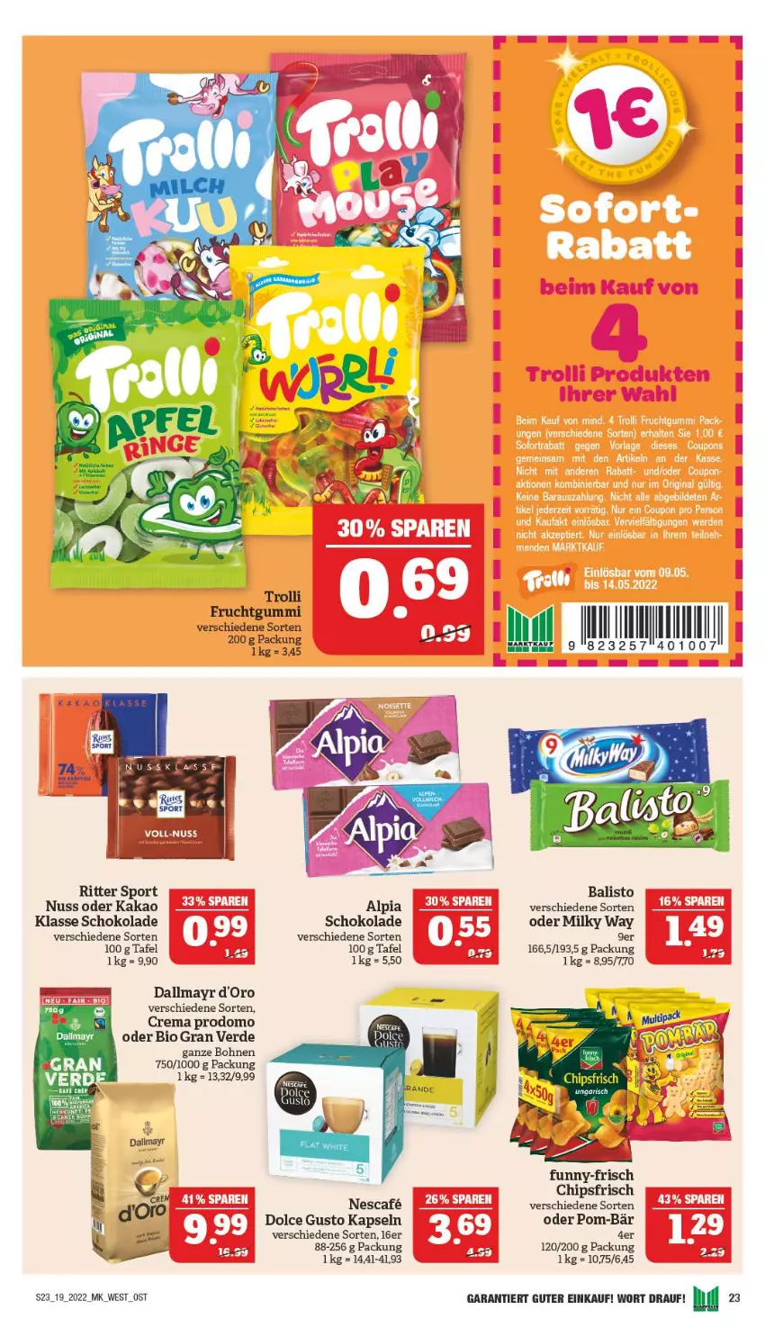 Aktueller Prospekt Marktkauf - Prospekt - von 08.05 bis 14.05.2022 - strona 27 - produkty: ACC, alpia, balisto, bio, bohne, bohnen, chips, chipsfrisch, dallmayr, dolce gusto, elle, erde, frucht, fruchtgummi, kakao, milky way, nuss, pom-bär, prodomo, ritter, ritter sport, schoko, schokolade, Sport, Ti, trolli, trolli fruchtgummi